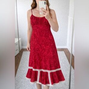 Vintage 90s‎ Womens Red Maxi Dress Lace Details Medium Whimsigoth Fairy Coquette